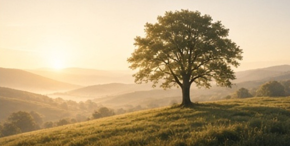 Lone tree on a misty hill at sunrise